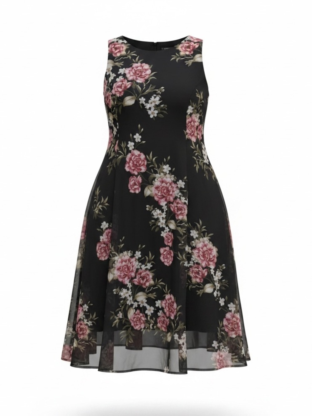 Torrid Floral Chiffon Illusion Hem Fit & Flare Midi Dress Black Pink Size 1